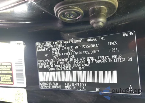 2015 Toyota Sienna Le 8 Passenger z USA, uszkodzony, nr VIN 5TDKK3DC0FS613377